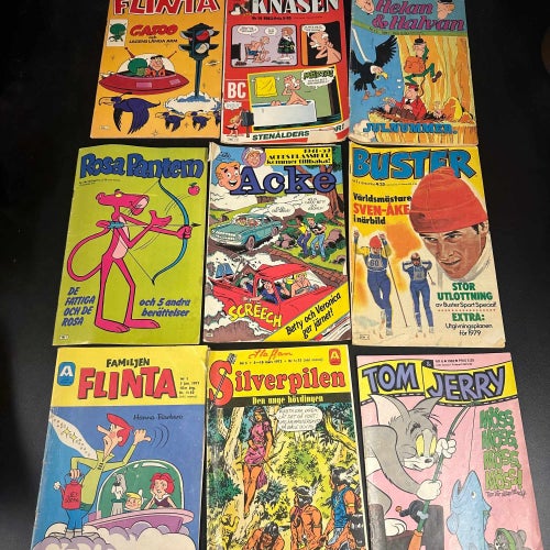 9 st. blandade Serietidningar - Flinta, Knasen, Rosa Panta, Buster, mm