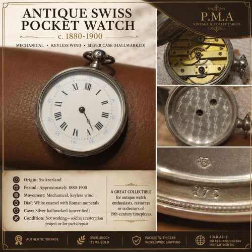 Antik schweizisk fickur, mekaniskt, silverfodral