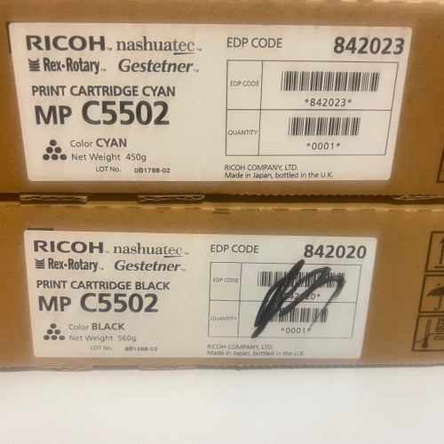 Ricoh MP C5502 original toner 842023 Cyan + 842020 Black – inplastade