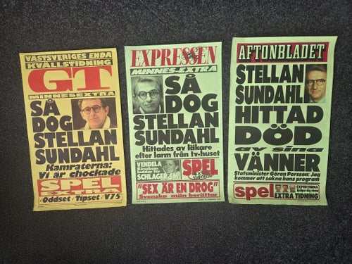 Löpsedlar STELLAN SUNDAHL Död Programledare & komiker SVT 23 februari 1999.