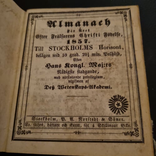 Almanach för året Efter Frälsarens Christi Födelse, 1857. Till Stockholms