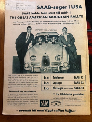 SAAB 93 1956 rally vinnare USA annons