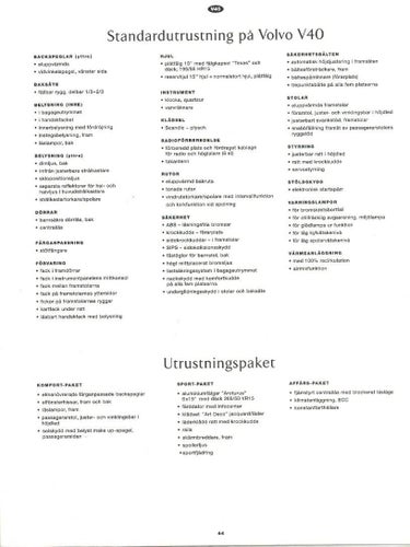 Broschyr Volvo V40 -97? , + tillbehör, svensk text