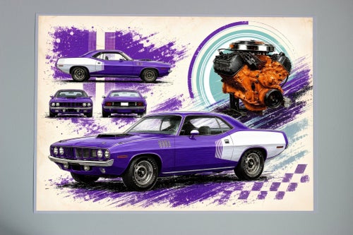Affisch A3 (29.7 x 42.0) med Plymouth Barracuda och motor
