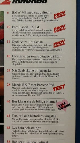 Teknikens Värld nr 2 1993: Porsche 968, Mazda RX-7, BMW M3 e36, Opel Astra 1,6i