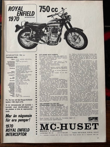 1970 annons Royal Enfield Interceptor 750 cc Motorcykel