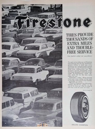 FIRESTONE DELUXE CHAMPION TIRE, REKLAM STOR TIDNINGSANNONS 1965