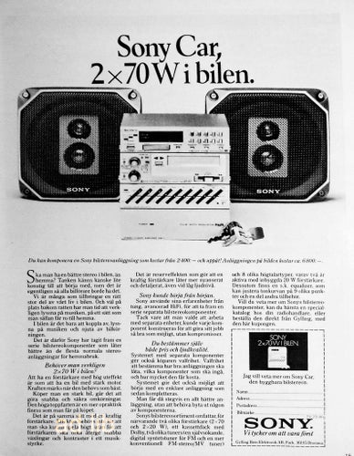 SONY CAR, BILSTEREO, TIDNINGSANNONS 1980
