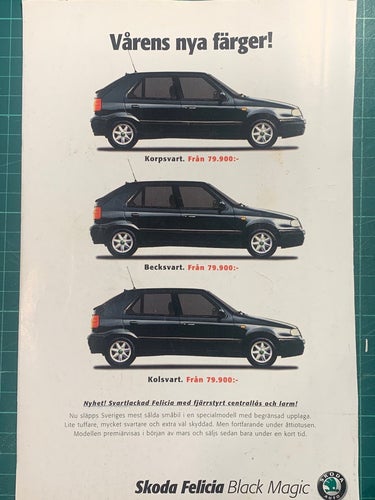 Retro-annons ”Skoda Felicia Black Magic” från 1999