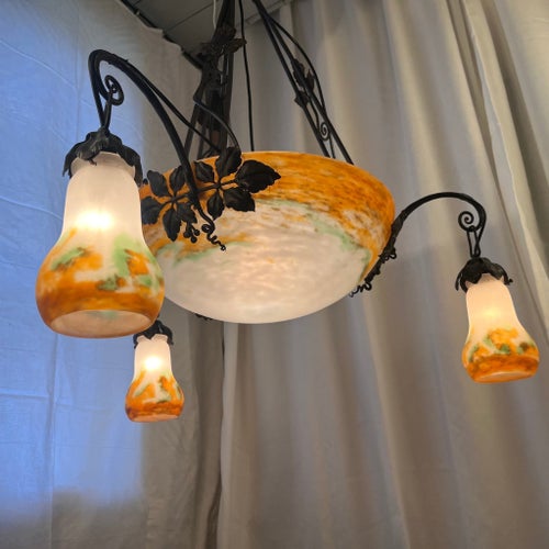 Muller Frères Art Nouveau-taklampa i smide och underfångsglas – 1930-tal