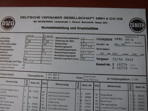 Förgasarspecifikationer/reservdelslista för Opel Commodore B 2500GS, 3.1972.