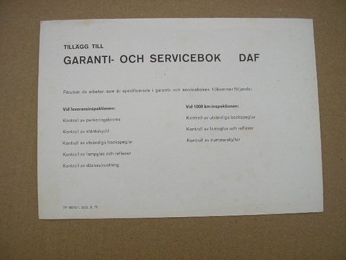 VOLVO Tillägg Garant och Servicebok DAF