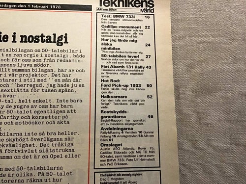 TEKNIKENS VÄRLD NR 3 1978 50 TALSBILAR,BMW 733 i,HOT ROD,CADILLAC MONUMENT,RALLY