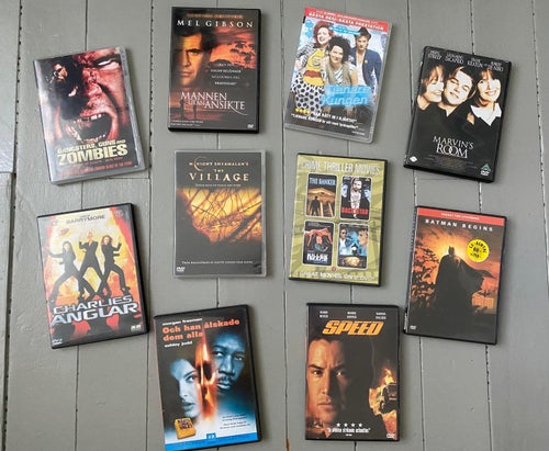 10 DVD med 13 filmer action, thriller, skräck, familj - spelade bara en gång.