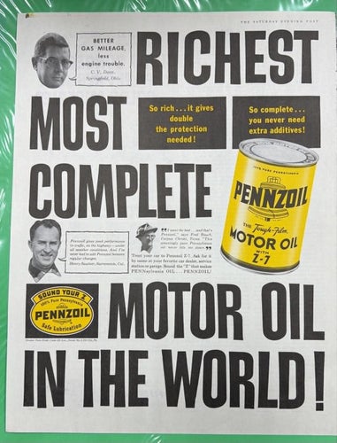 Tidningsutdrag 1961 Pennzoil Motoroil