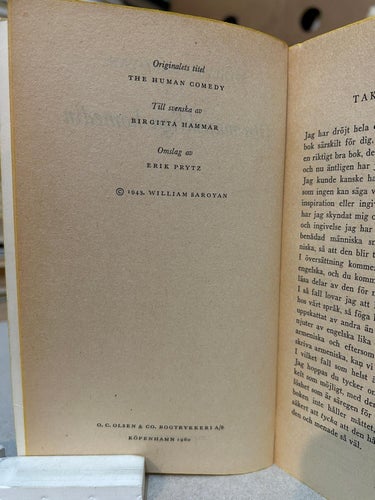 Den mänskliga komedin av William Saroyan, bok, Very good plus