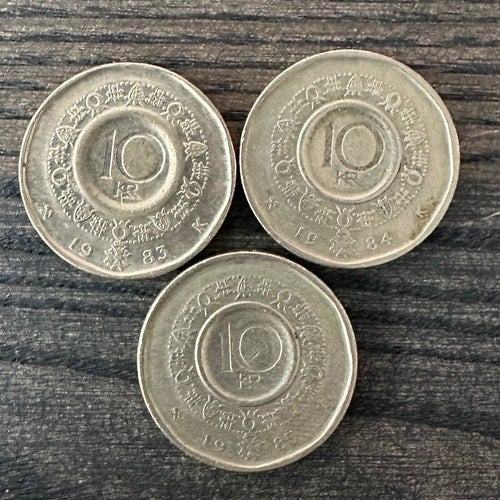 Mynt: Norge 10 Kronor x 3 - 1983, 84, 85 / coin Norway
