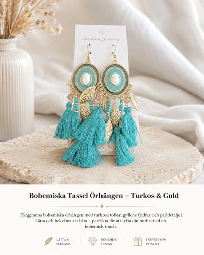 Bohemiska Tassel Örhängen – Turkos & Guld