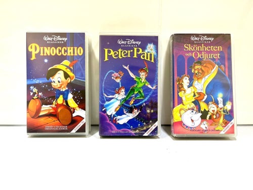 Tre Walt Disney Klassiker på VHS: Peter Pan, Pinocchio, Skönheten och Odjuret