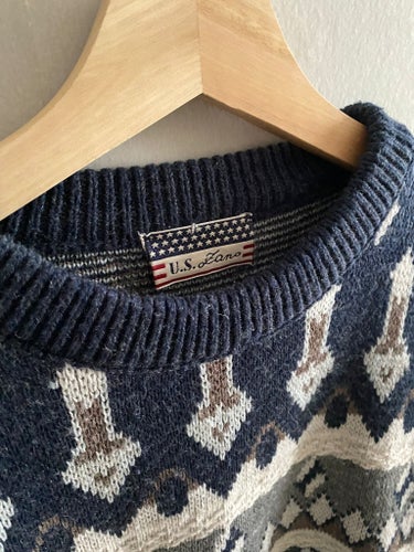 Vintage U.S. Lano blå mönsterstickad tröja, storlek L