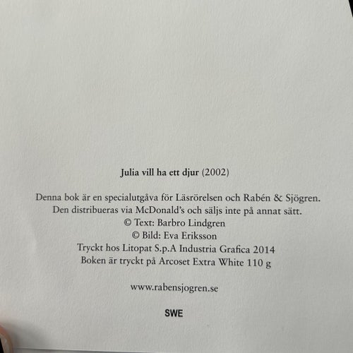 Julia vill ha ett djur av Barbro Lindgren & Eva Eriksson, 2002
