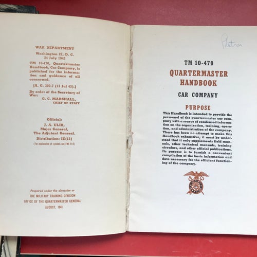 QUARTERMASTER HANDBOOK TM 10-470 Car Company 1943
