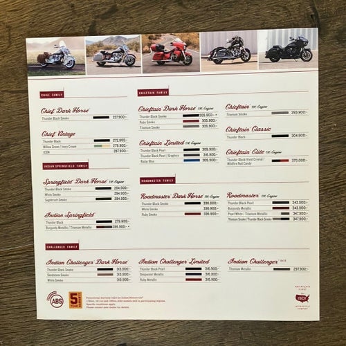 Indian Motorcycle 2020 årsmodell broschyr prislista