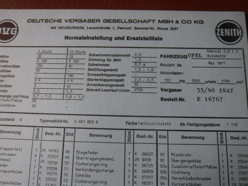 Förgasarspecifikationer/reservdelslista för Opel Admiral 2800S automat, 5.1971.