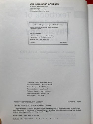 TEXTBOOK OF VETERINARY PHYSIOLOGY James G. Cunningham 2002