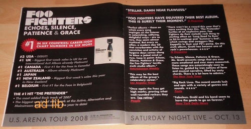 FOO FIGHTERS - #1 IN SIX COUNTRIES, U.S. ARENA TOUR, STOR TIDNINGSANNONS 2007