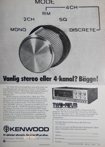 KENWOOD - TWO-FOUR KR 8340, HI-FI TIDNINGSANNONS 1974