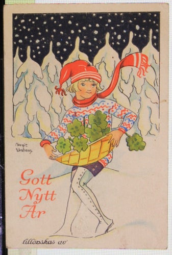 Nyårskort. Margit Ekstam. Flicka med klöver.
