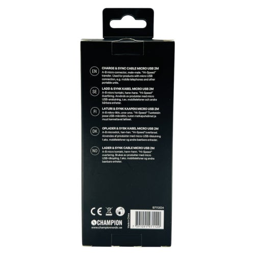 Champion Micro USB Laddkabel 2m - Svart | Micro USB till USB-A Ladd & Synk Kabel