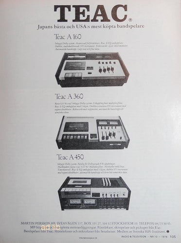 TEAC BANDSPELARE A 160, A 360, A 450, HI-FI TIDNINGSANNONS 1974