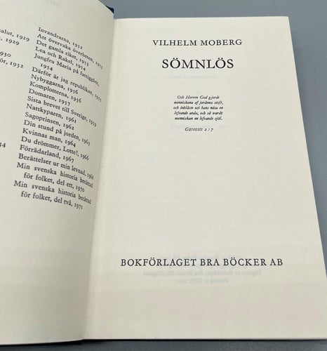 Sömnlös av Vilhelm Moberg (inbunden, Bra Böcker 1972)