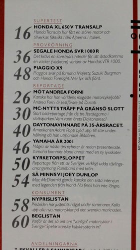 MC-Nytt nr 10/11 2000: Honda XL 650 V, Piaggio X-9, Segale SVR 1000 R
