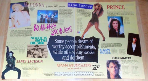 MAMA CONCERTS - MADONNA, STONES, TINA T, PRINCE, NKOTB, STOR TIDNINGSANNONS 1990
