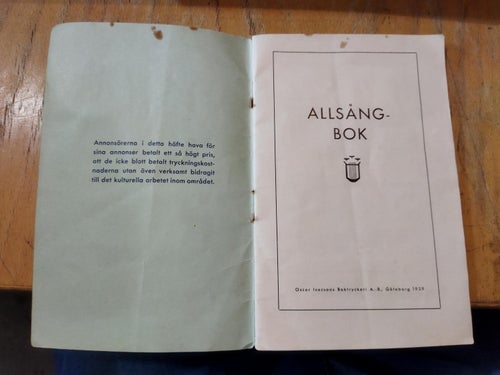 Allsångbok tillägnad Göteborgstraktens Neutralitetsvakt, tryckt 1939