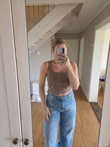 h&m Hm finstickat linne topp stl L brun
