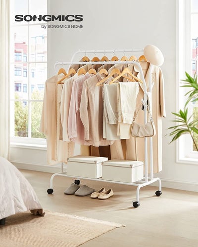 Songmics Clothes Rail, klädställ, dubbla kläder hängande skena, tung HSR107W01