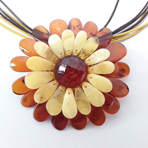 Baltisk bärnsten Blomsmycke-halsband-brosch, brun ädelsten stora blommiga smycken