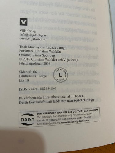 Mina systrar badade aldrig av Christina Wahlden, bok, very fine, SM