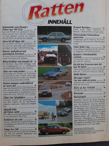 Ratten nr 1 1982: Volvos kundtidning med bl a 760 GLE och 240 och Renault 5