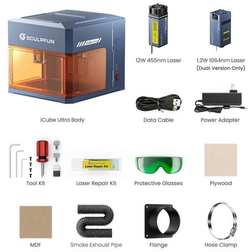 SCULPFUN iCube Ultra 12W laserskärare + Air purifyer + Air assist + material