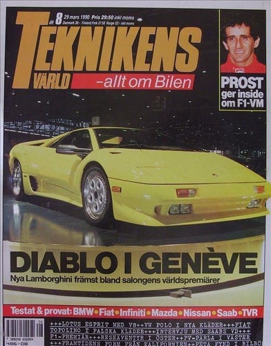 TEKNIKENS VÄRLD 1990/8.Lamborghini.Lotus.Infiniti.Mazda.PV.TVR.Pairie.BMW 5-ser