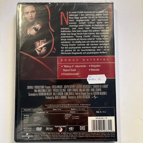 SKUGGAN AV ETT TVIVEL. HITCHCOCK. DVD THRILLER -42. INPLASTAD