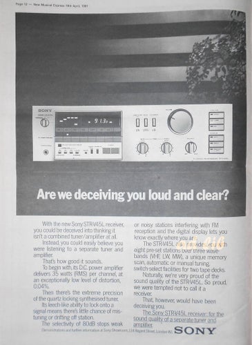 SONY STR-V45L RECEIVER HI-FI, STOR TIDNINGSANNONS 1981