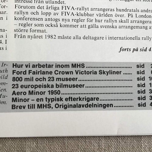 MOTORHISTORISKT MAGASIN NR 2 1982 BILMUSEUMER,FORD FAIRLANE,AERO MINOR 50,