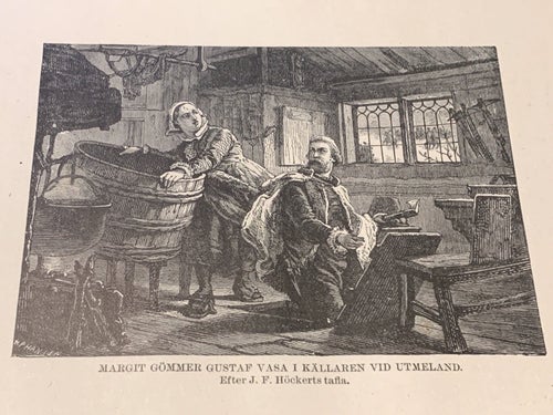 Träsnitt ”Vasa gömmer sig i källaren” ur bok från 1901