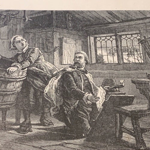 Träsnitt ”Vasa gömmer sig i källaren” ur bok från 1901